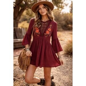 Burgandy Sz M V Neck Lace Fan Slv Boho Peasant Babydoll Flowy Gauze LSMini Dress
